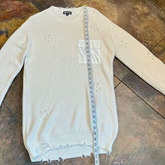 Ser.O.Ya Cream Devin Oversized Distressed Sweater Front Pocket Small - Picture 8 of 12
